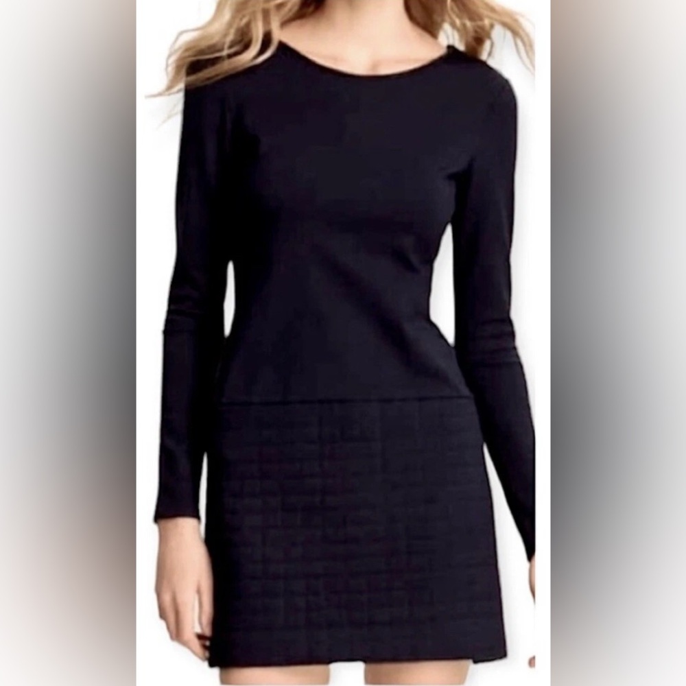 Theory Mimi Q Classical Shift Quilted Panel Long Sleeve Black Stretch Dress Sz S